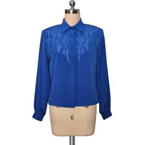 Vintage 80's 90's Blue DAVID MATTHEW Ornate Chain Heart Button Up Top Blouse 4
